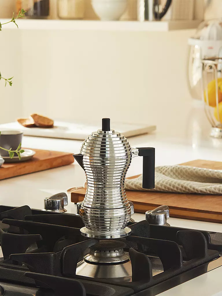 ALESSI | Cafetera exprés PULCINA 3 tazas aluminio / negro | Plata