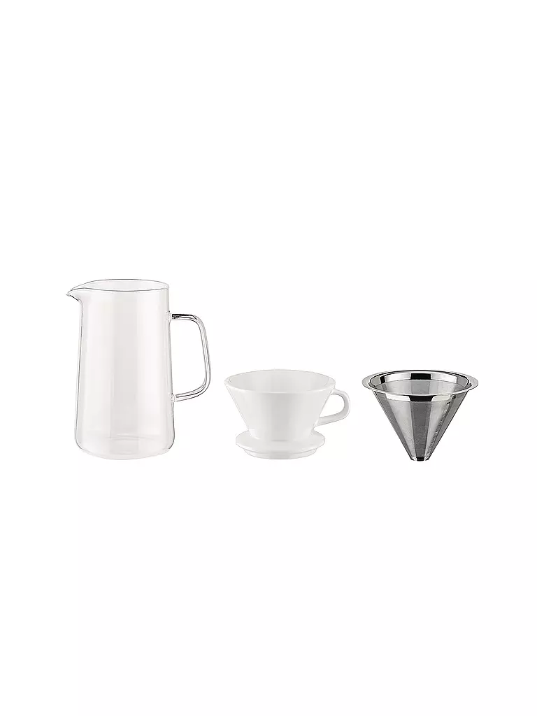 ALESSI | Juego de café de 3 piezas SLOW COFFEE vidrio/blanco/acero inoxidable | Transparente