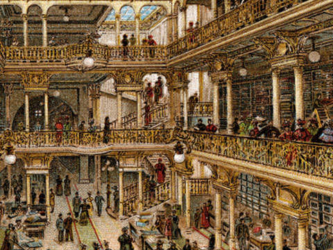 Eine geschäftige Bibliotheksszene aus dem 19. Jahrhundert mit kunstvoller Architektur. Menschen stöbern in Büchern auf mehreren Ebenen, die durch Treppen verbunden sind. Große Fenster und Kronleuchter erhellen den Raum, während Säulen und Geländer das komplizierte Design ergänzen.
