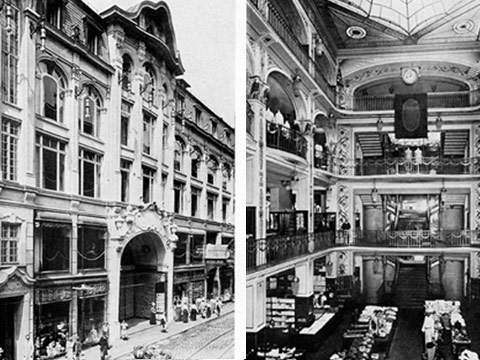 Ein historisches Schwarzweißbild zeigt eine große Einkaufspassage. Die linke Seite zeigt eine Außenansicht mit einer verzierten Fassade und einem gewölbten Eingang. Die rechte Seite zeigt das aufwändige Innere mit mehreren Stockwerken, Balkonen und dekorativen Details.