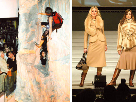 Auf der linken Seite sind Menschen zu sehen, die mit Zuschauern drinnen klettern. Auf der rechten Seite sind zwei Models auf einem Laufsteg zu sehen, die stylische Winteroutfits mit Stiefeln und Mänteln tragen und Handtaschen dabei haben.