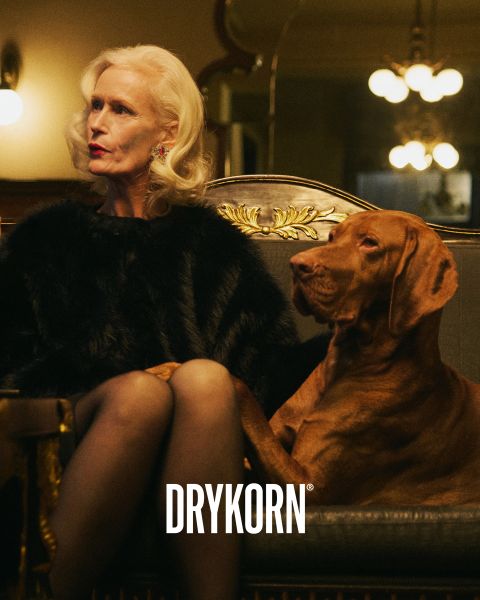 Una elegante mujer mayor con cabello rubio platino y un abrigo de piel negro está sentada en un sofá antiguo junto a un perro grande marrón. La palabra "DRYKORN" se puede leer en la parte inferior de la imagen. La iluminación cálida crea una atmósfera lujosa.