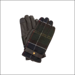 Ein Paar Handschuhe mit Handflächen aus dunklem Leder und kariertem Stoff auf der Rückseite, mit einem Druckknopfband am Handgelenk. Das Karomuster besteht aus grünen, roten, weißen, gelben und blauen Streifen.