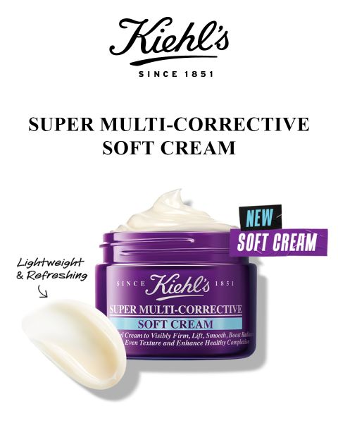 Un frasco color lavanda de Kiehl's Super Multi-Corrective Soft Cream con una gota de crema encima. Junto a una muestra de crema se lee "Ligera y Refrescante". Junto a "Soft Cream" hay una etiqueta de "Nuevo".