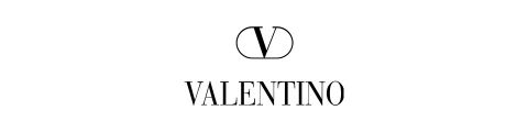 Texto negro sobre fondo blanco que muestra el logo de Valentino, con una letra "V" estilizada sobre la palabra "VALENTINO" en mayúsculas.