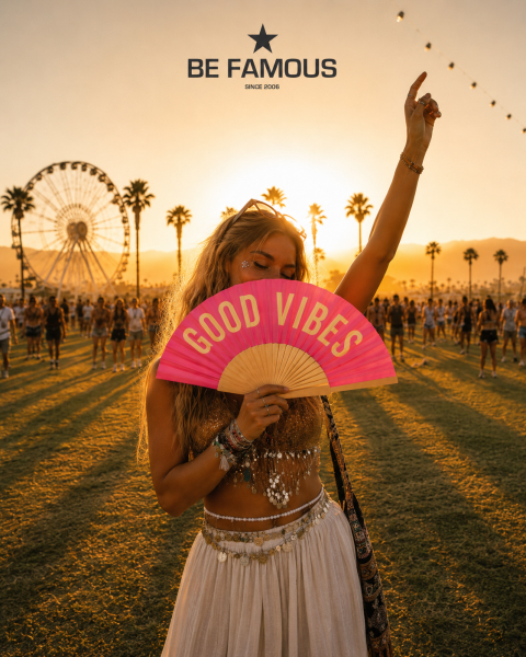 Una mujer en un festival sostiene un abanico rosa con la inscripción "GOOD VIBES" en la mano. Al fondo se ven una noria, palmeras y una puesta de sol. Arriba aparece la inscripción "BE FAMOUS".