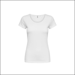 Einfarbig weißes, kurzärmeliges Damen-T-Shirt auf weißem Grund, von vorne gezeigt, mit Rundhalsausschnitt und taillierter Form.