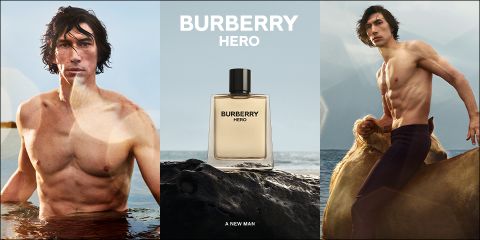 Un anuncio tríptico de Burberry Hero muestra a un hombre sin camisa en el mar, la botella de perfume en una roca en el medio y al mismo hombre montando a caballo en la playa. Él mira a la distancia, transmitiendo una sensación de aventura y fuerza.