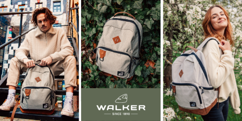 Tres imágenes de una mochila beige con detalles marrones: una persona sentada con la mochila en una escalera, la mochila descansando sobre hojas de hiedra y otra persona de pie en un jardín sosteniéndola. Debajo se ve un logo y "Walker Desde 1890".