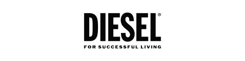 Logotipo en blanco y negro de la marca "Diesel" con el lema "For Successful Living" debajo en letra más pequeña.