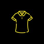 Gelbe Umrisse eines Hemdes mit Kragen und kurzen Ärmeln auf schwarzem Hintergrund.