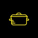 Ein einfacher gelber Umriss eines Kochtopfs mit Deckel auf schwarzem Hintergrund. Der Topf hat auf jeder Seite zwei Griffe und schwache horizontale Linien an der Seite.