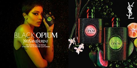 A la izquierda, una mujer sostiene una botella de la fragancia Black Opium Illicit Green. A la derecha, dos frascos de Black Opium están rodeados de flores, frutas y hojas verdes. En la esquina superior derecha está el logo de Yves Saint Laurent.