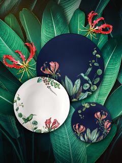 Tres platos decorativos con motivos de colibríes y flores están dispuestos sobre grandes hojas verdes con flores rojas de fondo.