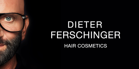 Primer plano de una persona con gafas sobre un fondo negro. En letras blancas se lee "Dieter Ferschinger Haarkosmetik".