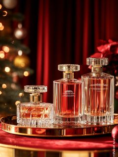 Tres elegantes frascos de perfume con tapones dorados se encuentran sobre una bandeja redonda dorada. Los frascos son de diferentes tamaños y contienen un líquido rojo. En el fondo, se ven cortinas rojas y un árbol de Navidad borroso con luces, lo que crea un ambiente festivo.
