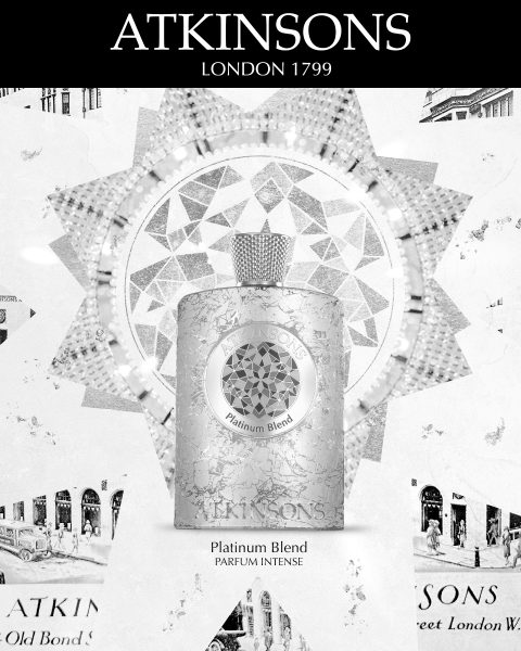 Un lujoso frasco del perfume intenso Atkinsons Platinum Blend se encuentra en el centro de un fondo estampado, detrás de él un halo geométrico radiante. El texto de arriba dice "ATKINSONS LONDON 1799".