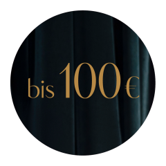 Un fondo negro redondo con el texto "hasta 100 €" en una fuente dorada grande y elegante.