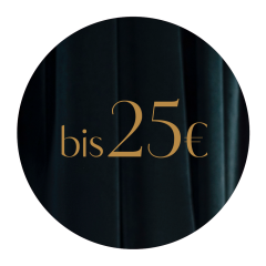 Un fondo oscuro y circular con el texto "hasta 25 €" centrado en una elegante escritura dorada.