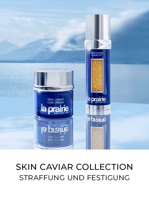 Lujosa colección Skin Caviar de La Prairie con dos productos presentados sobre un sereno fondo azul de agua y cielo. El texto dice: "Skin Caviar Collection. Reafirmante y tensor".