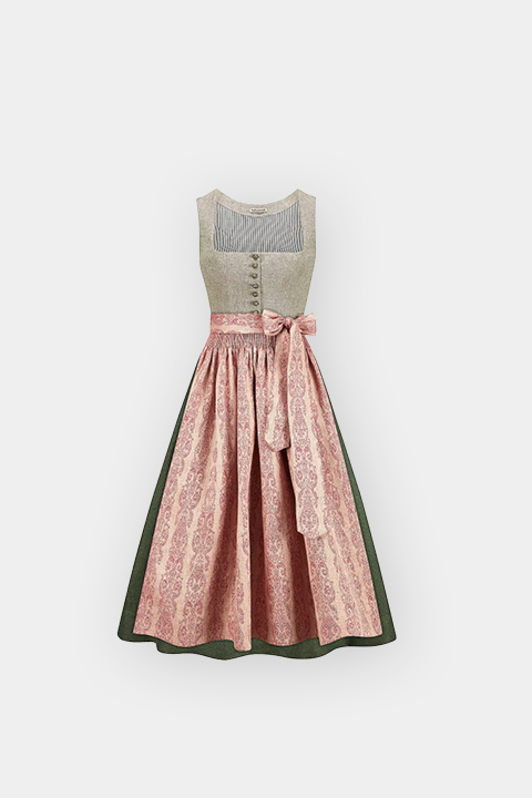 Traje tradicional Dirndl con corpiño beige, falda verde y delantal con estampado rosa, atado a la cintura con un lazo, representado sobre un fondo blanco.