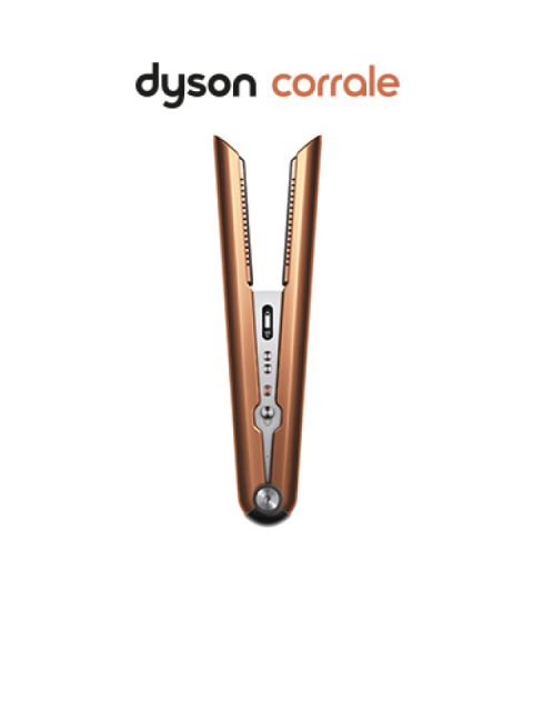 Una elegante plancha de pelo Dyson Corrale en cobre y negro, colocada verticalmente sobre un fondo blanco. El logotipo de Dyson se encuentra encima del dispositivo, destacando su diseño moderno y sus funciones avanzadas.