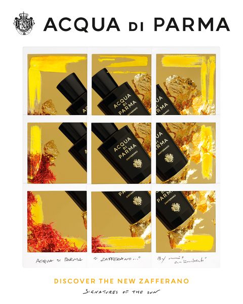Una cuadrícula de nueve cuadrados presenta la nueva fragancia Zafferano de Acqua di Parma. Cada cuadrado muestra un fragmento del frasco de perfume negro sobre un fondo dorado con toques rojos y dorados. El texto dice: "Descubre el nuevo Zafferano, Firmas del Sol".