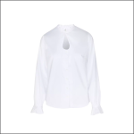 Weiße, langärmelige Bluse mit gerafftem Kragen, Schlüssellochausschnitt am Halsausschnitt und gerafften Manschetten. Die Bluse ist vorne geknöpft und hat eine lockere Passform.