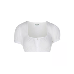 Eine weiße, kurzärmelige Bluse mit quadratischem Ausschnitt und Knöpfen auf der Vorderseite, die vor einem schlichten weißen Hintergrund präsentiert wird. Das Etikett auf der Innenseite lautet "Wenger.