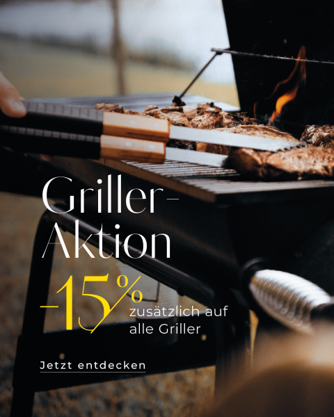 Una persona asando carne en una parrilla, con texto superpuesto en alemán: "Oferta de parrillas -15 % adicional en todas las parrillas. Descúbrelo ahora", lo que indica un descuento del 15 % en parrillas.