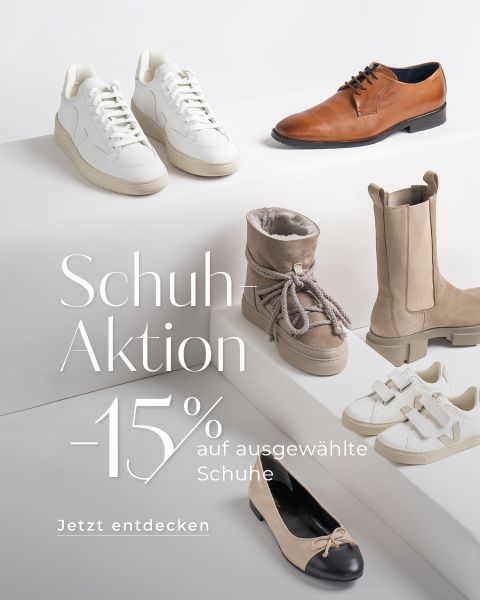 Se exhibe una colección de seis zapatos: zapatillas blancas, zapatos de vestir marrones, botines beige, botas con forro de piel, zapatillas blancas con velcro y bailarinas negras. Texto: "Promoción de calzado -15% en calzado seleccionado. Descúbrelo ahora".