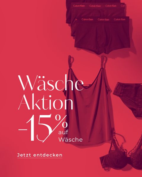 Un anuncio de color rojo con lencería de Calvin Klein. El texto dice "Promoción de lencería -15% en lencería. Descúbrela ahora", lo que indica un descuento del 15% en ropa interior. Las prendas que se muestran incluyen sujetadores, bragas y una camiseta interior.