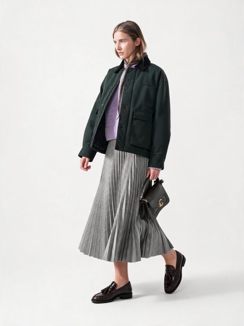 Una mujer con chaqueta negra, suéter morado, falda plisada plateada y mocasines, sosteniendo un bolso negro, camina frente a un fondo blanco liso.
