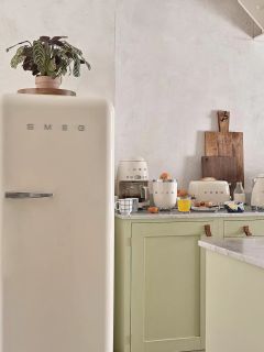 Un refrigerador SMEG color crema se encuentra en una cocina luminosa con gabinetes de color verde claro, una planta en maceta en la parte superior y varios electrodomésticos pequeños y artículos para el desayuno en la encimera.