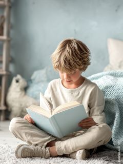 Un niño pequeño con cabello rubio está sentado en una cama con ropa de cama roja y blanca y lee un libro rojo con un árbol de Navidad en la portada. La pared detrás está decorada con un papel tapiz de flores.