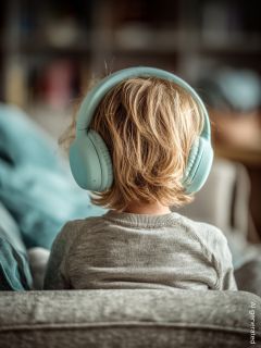 Un niño pequeño con un suéter rojo con patrones de árboles blancos está sentado en una alfombra acogedora y lleva auriculares rojos. El niño está frente a un árbol de Navidad decorado, rodeado de regalos y que brilla cálidamente con una iluminación suave y festiva.