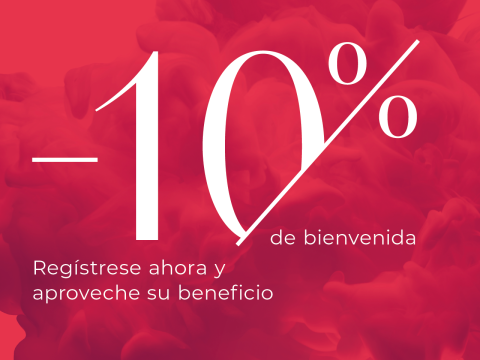 Texto blanco sobre fondo rojo: "-10% de bienvenida. Regístrese ahora y aproveche su beneficio.