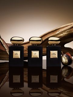 Se exhiben seis elegantes frascos de perfume con lisas tapas doradas. Están dispuestos sobre y alrededor de un bloque de oro y llevan varias etiquetas con las inscripciones "OUD", "SNAKE" y "OUR", cada una con intrincados diseños en negro y dorado sobre un suave fondo gris.