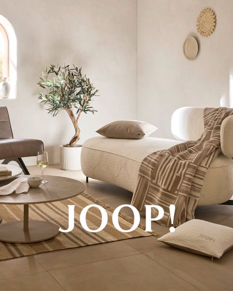 Cojines en colores neutros con estampados y una manta a juego están dispuestos sobre un banco de hormigón minimalista. Al lado hay un jarrón grande y una planta seca decorativa. En la manta se lee "JOOP!". Una suave luz solar proyecta sombras sobre la escena.