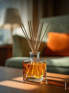 Un difusor de láminas de vidrio con líquido color ámbar sobre una mesa de madera iluminada por el sol, con un sofá y una lámpara desenfocados al fondo.