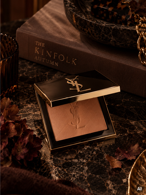 Un polvo compacto de YSL abierto descansa sobre una mesa de mármol, rodeado de flores secas, un vaso y un libro titulado "The Kinfolk Autumn".