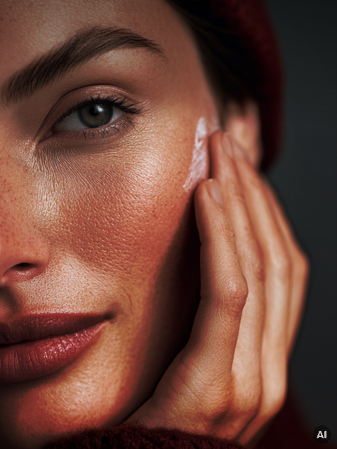 Un primer plano de una persona aplicándose crema en la mejilla; se ve una piel suave, pecas y una expresión facial relajada.