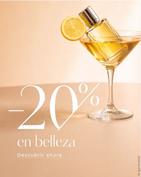 Un frasco de perfume con una rodaja de limón en una copa de Martini, con el texto: "-20% en Belleza. Descubrir ahora." sobre un fondo beige.