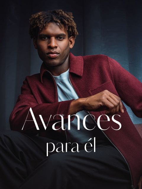 Un hombre con una chaqueta burdeos y una camisa gris posa con confianza. El texto dice: «Avances para él.»