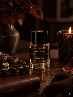 Sobre una mesa de madera, bajo una luz cálida y tenue, una botella del perfume "Musc Ravageur" se encuentra junto a una vela encendida, libros y hojas de otoño.