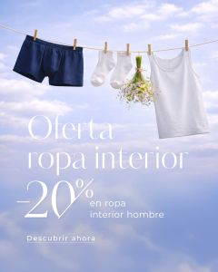 Boxer para hombre, calcetines y una camiseta sin mangas para mujer colgados en un tendedero frente a un cielo azul con un texto que ofrece un 20 % de descuento en ropa interior para mujer.