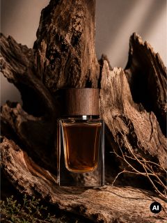 Un frasco de perfume de cristal con tapón de madera se encuentra en medio de trozos de madera flotante rugosa, bañados en una cálida luz.