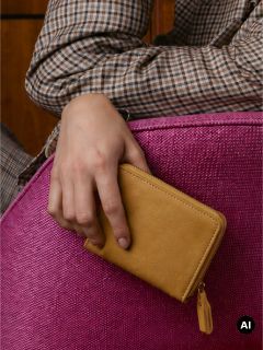 Una persona con una camisa a cuadros sostiene una cartera marrón claro con cremallera mientras apoya el brazo sobre una superficie rosa texturizada.