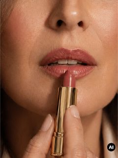 Una mujer se aplica lápiz labial rosa, sosteniendo un tubo de lápiz labial dorado cerca de su boca.
