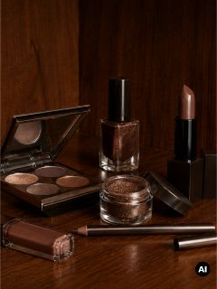 Una selección de productos de maquillaje en tonos marrones, que incluyen sombra de ojos, lápiz labial, esmalte de uñas, brillo labial, delineador de ojos y pigmento en polvo suelto, sobre una base de madera.